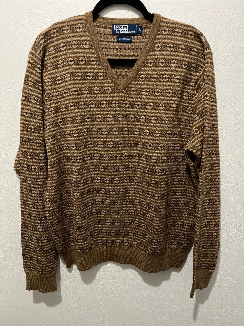Polo by Ralph Lauren men's V-neck Fair Isle Merino Wool Brown Sweater Vintage L